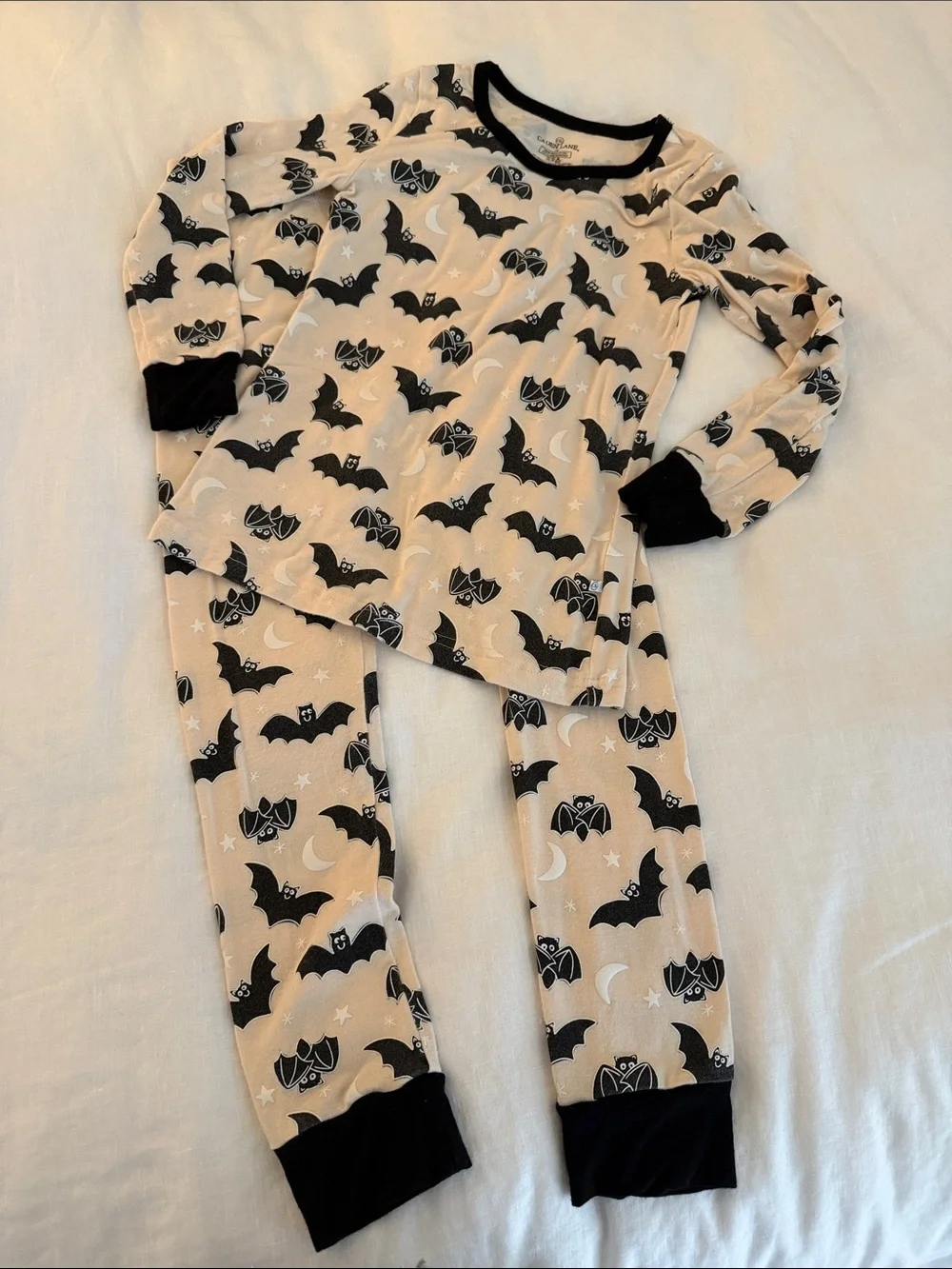Caden Lane Beige & Black Bat-Print Kids Pajama Set sz 7/8